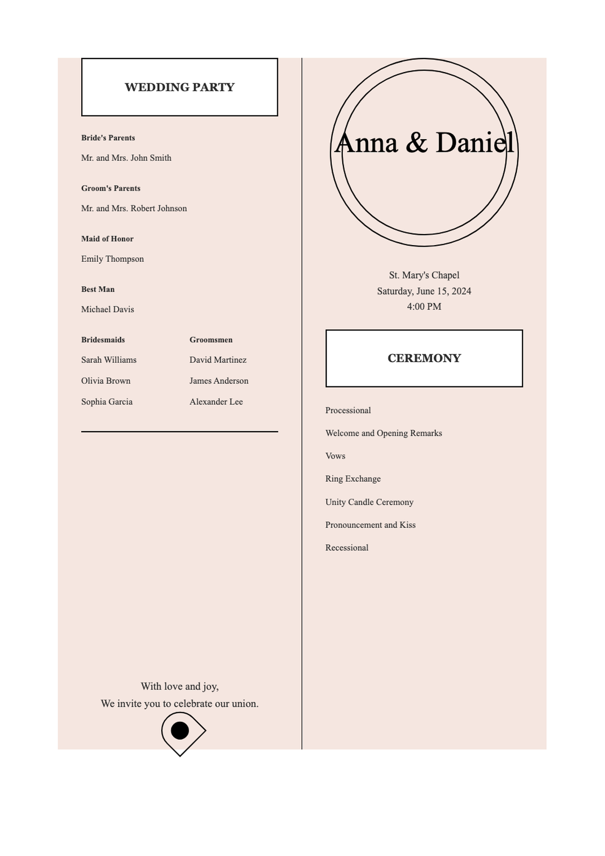 Elegant two sided wedding program with ceremony order and wedding party list_variant_3